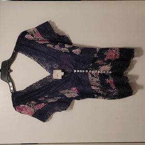 Pink Rose Kimono Style Floral Blouse L, Blue